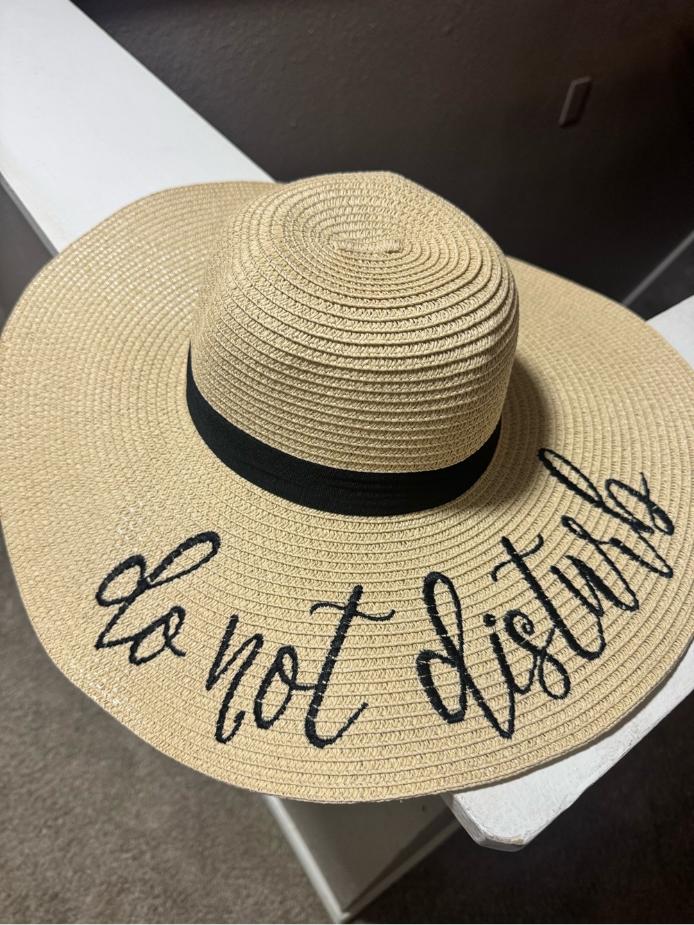 Wide Brim Straw Sun Hat - Beige with Black Accent adjustable